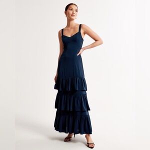 Abercrombie & Fitch Ruffle Tiered Maxi Dress Navy Blue Satin MP